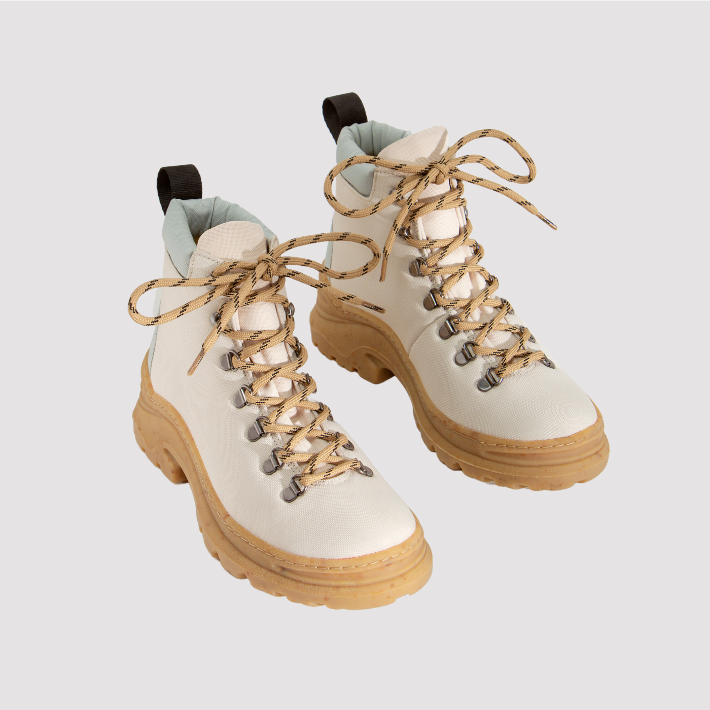 The vegan + sustainable white hiking boot, pair.